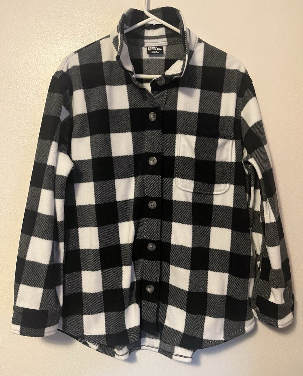 Eddie Bauer Women’s Microfleece Button-Up Plaid Shirt Shacket Large Black White